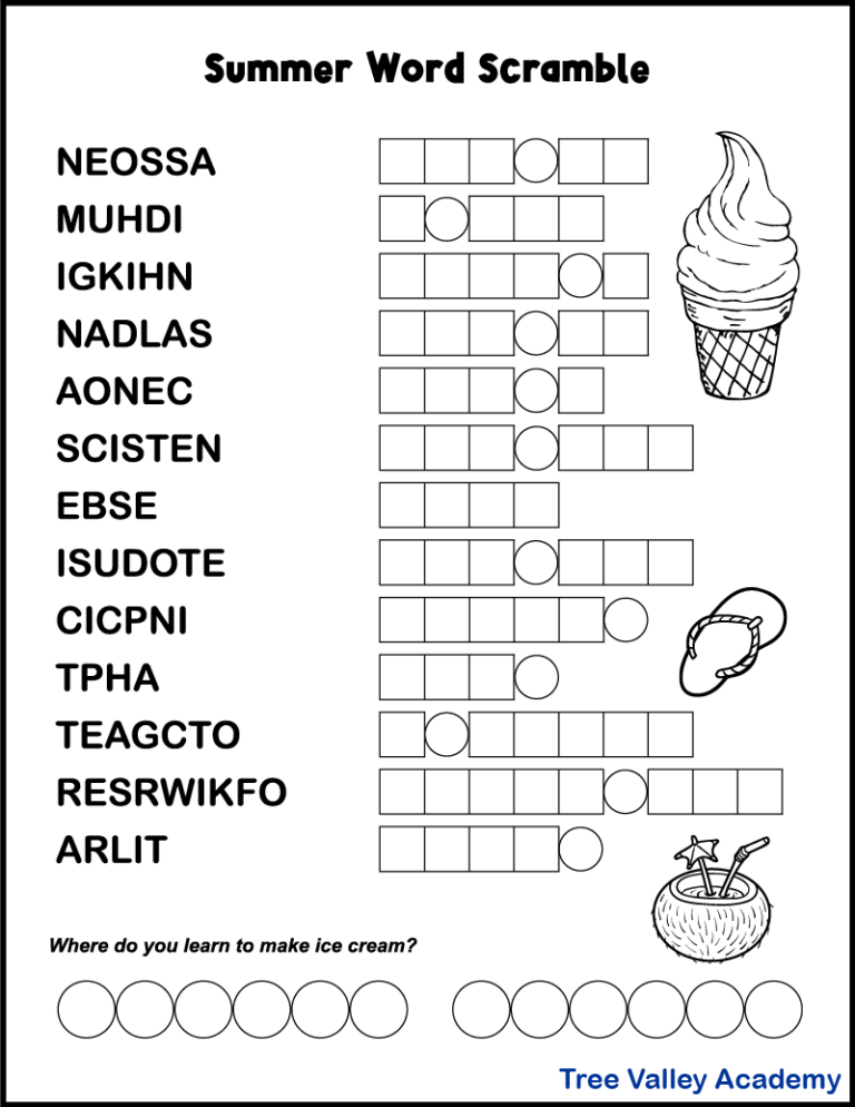 Printable Summer Word Scrambles For Kids Tree Valley Academy - Summer Word Scramble Worksheet