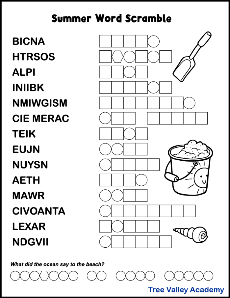 Printable Summer Word Scrambles For Kids Tree Valley Academy - Summer Word Scramble Worksheet