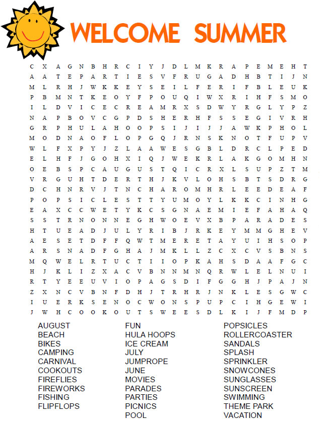 Printable Summer Word Search Large Print - Worksheet Summer Word Serch Print