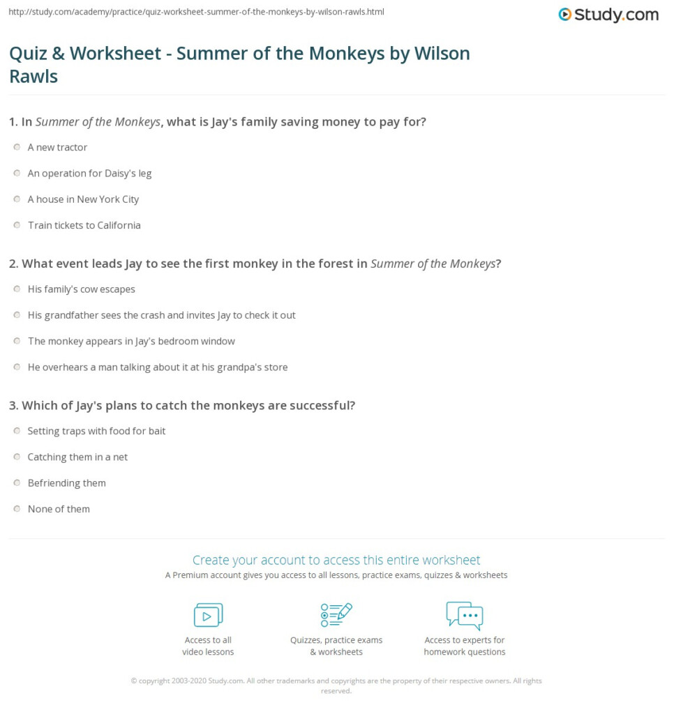 Quiz Worksheet Summer Of The Monkeys By Wilson Rawls Study - Summer Of The Monkeys Free Worksheets