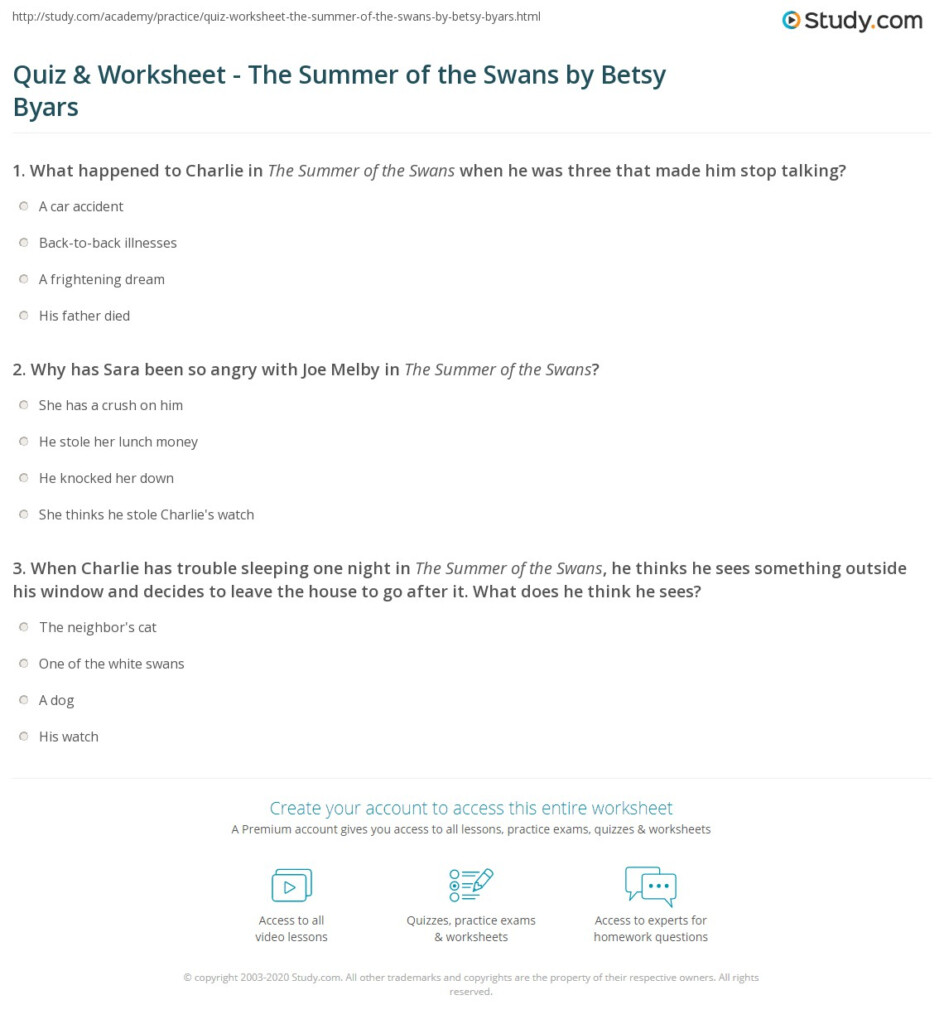 Quiz Worksheet The Summer Of The Swans By Betsy Byars Study - Summer Of The Swans Worksheets