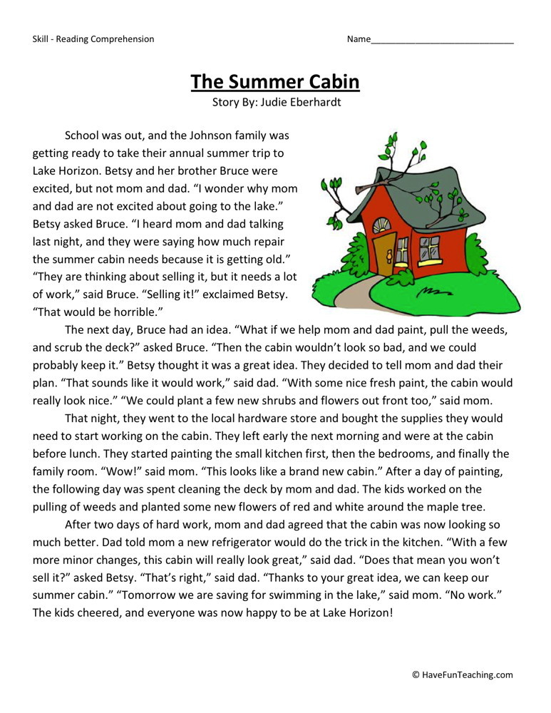 Reading Comprehension Worksheet The Summer Cabin - Free Summer Themed Reading Comprehension Worksheets