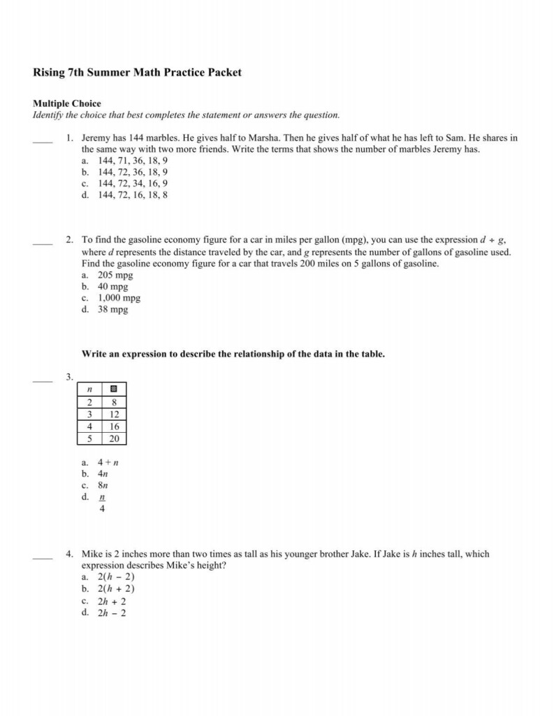 Rising 7th Summer Math Practice Packet - Rising 7Th Grade Summer Worksheets