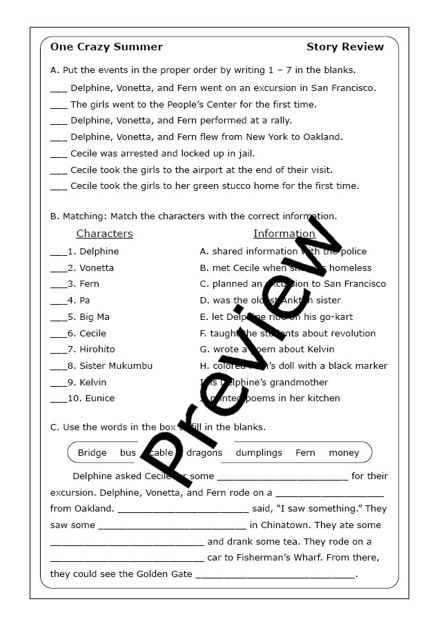 Rita Williams Garcia One Crazy Summer Worksheets Made By Teachers - One Crazy Summer Worksheet