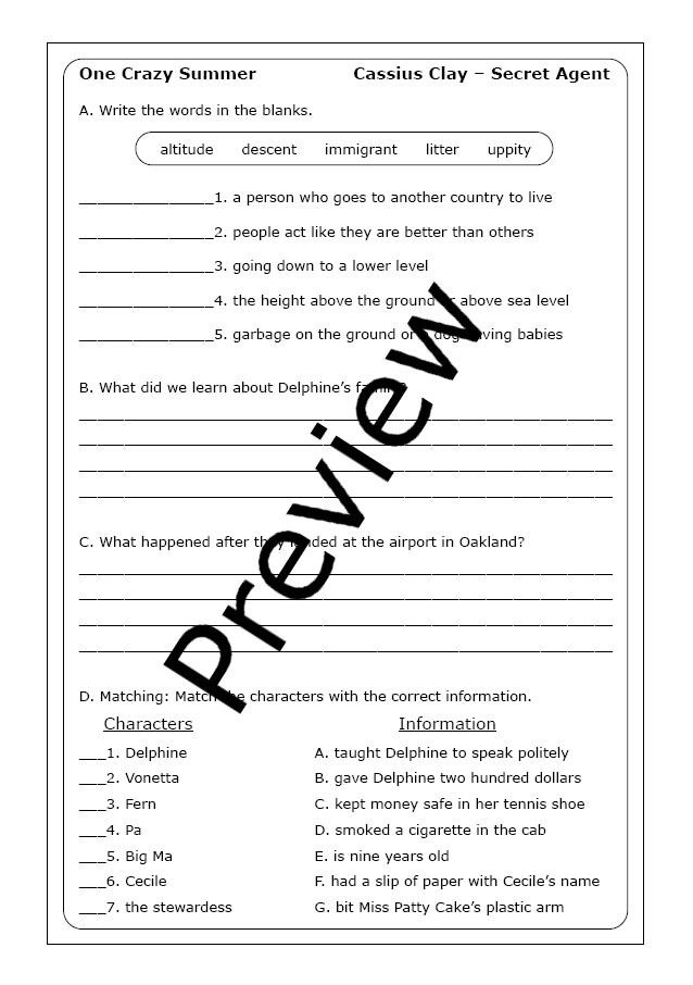 Rita Williams Garcia One Crazy Summer Worksheets Made By Teachers - One Crazy Summer Worksheet