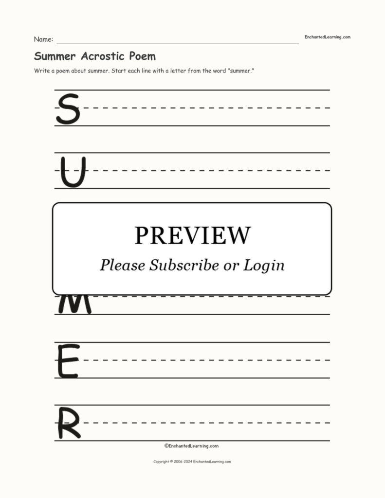 Summer Acrostic Poem Enchanted Learning - Summer Acrostic Poem Worksheet