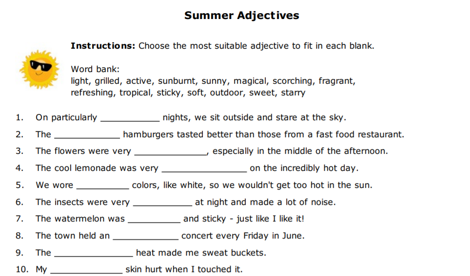 Summer Adjectives - Summer Adjectives Worksheet