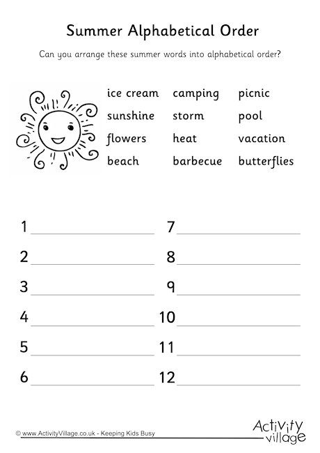 Summer Alphabetical Order 2 - Summer Abc Order Worksheets