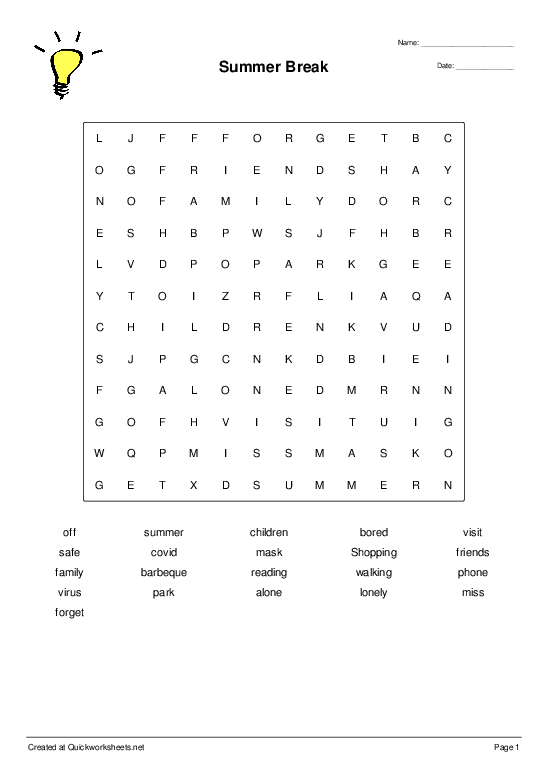 Summer Break Wordsearch Quickworksheets - My Summer Break Worksheet