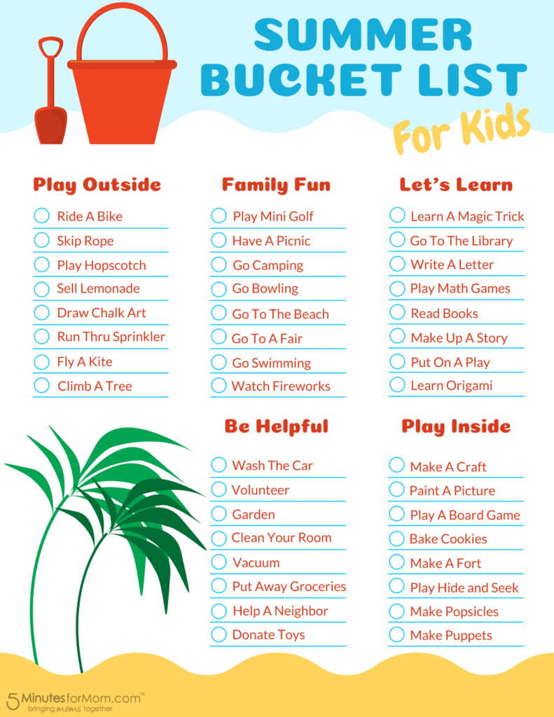 Summer Bucket List Printable - Kids Summer Worksheet Checklist