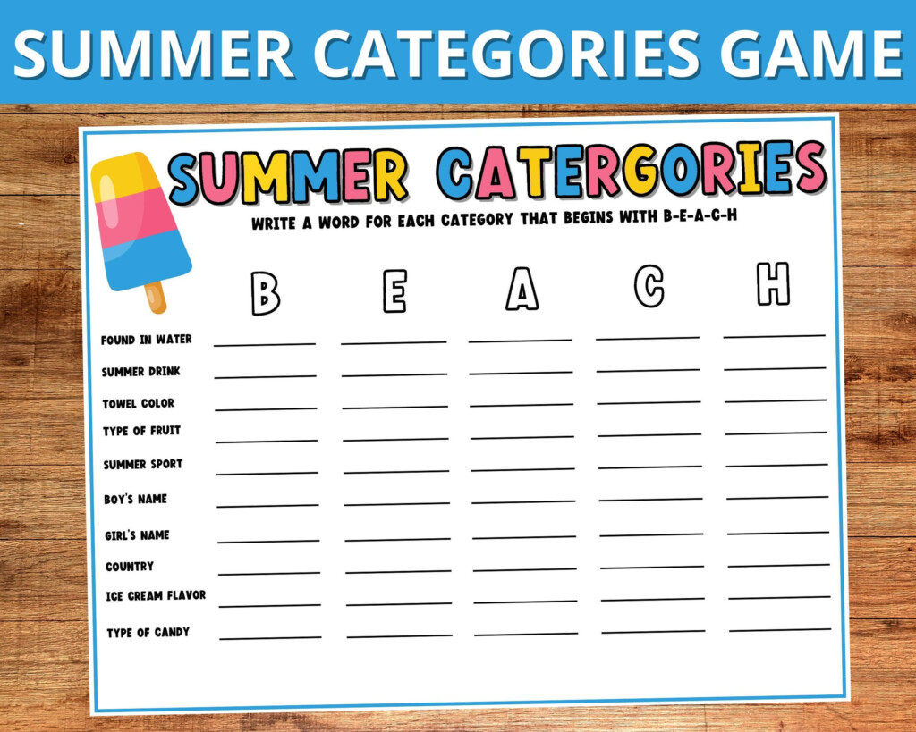 Summer Categories Game Printable Summer Game For Kids Adults Summer  - Summer Categories Worksheet