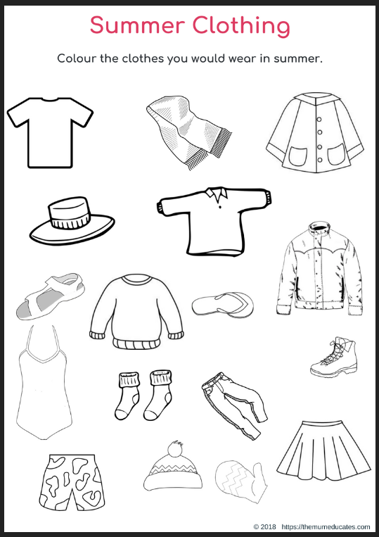 Summer Clothes Printables For Kids - Dress For Summer Worksheet