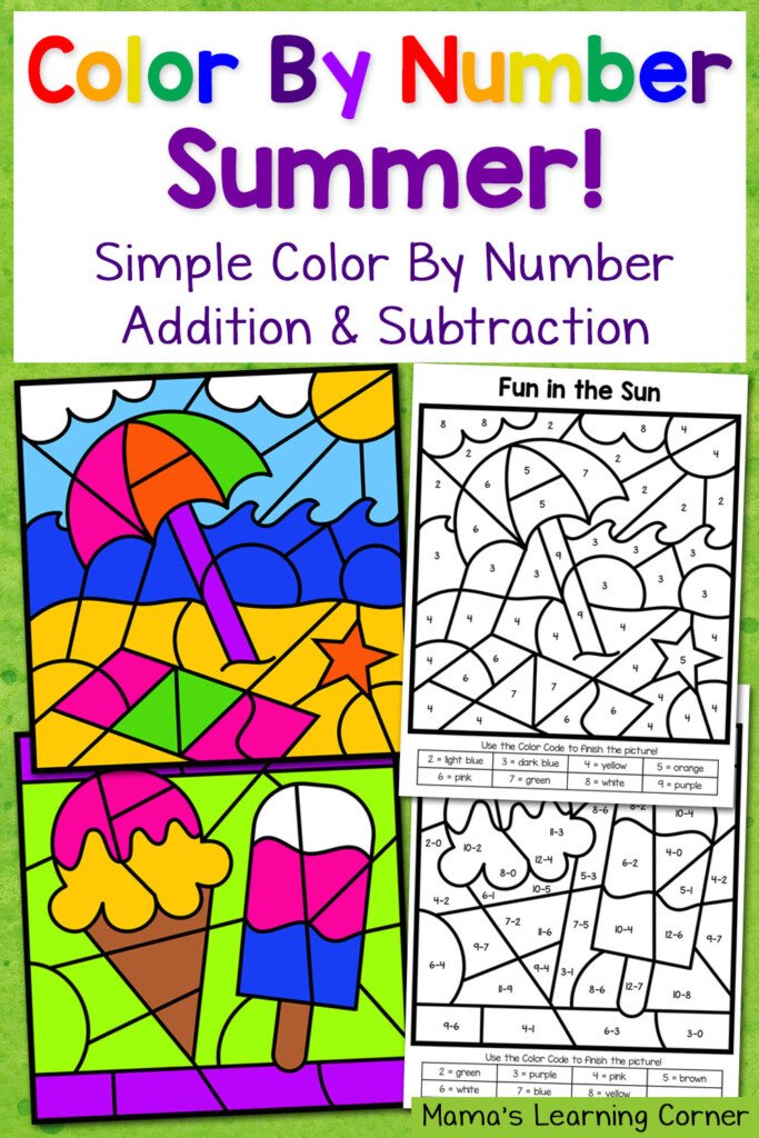 Summer Color By Number Worksheets With Simple Numbers Plus Addition And  - Summer Worksheets Color By Number