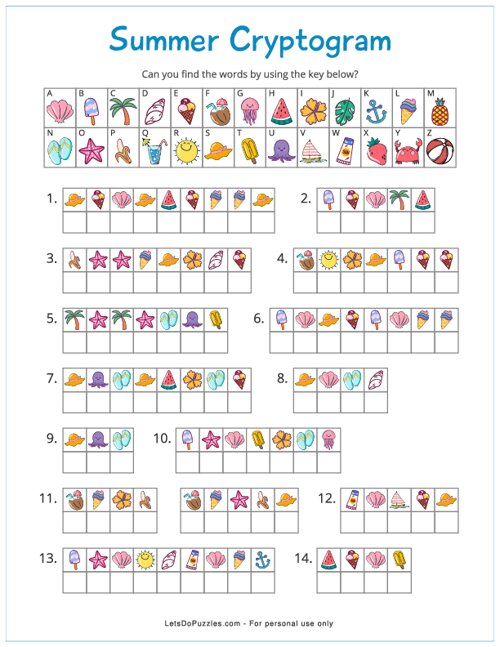 Summer Cryptogram Printable Puzzle For Kids - Summer Cryptogram Worksheets