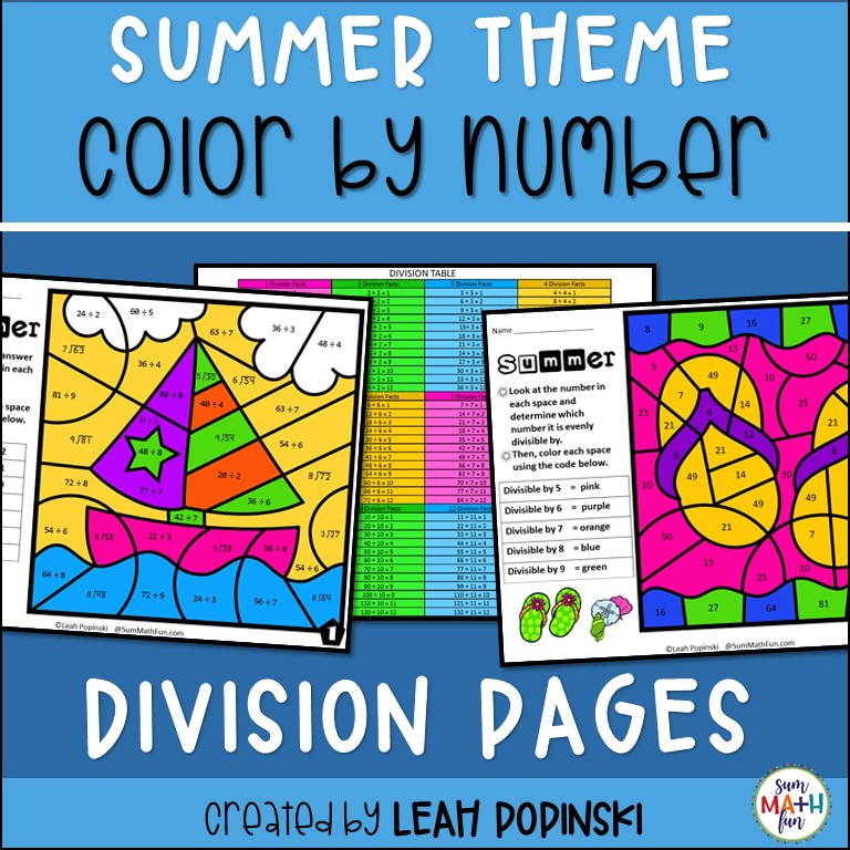 Summer Division And Divisibility Color By Number Sum Math Fun - Summer Division Worksheets