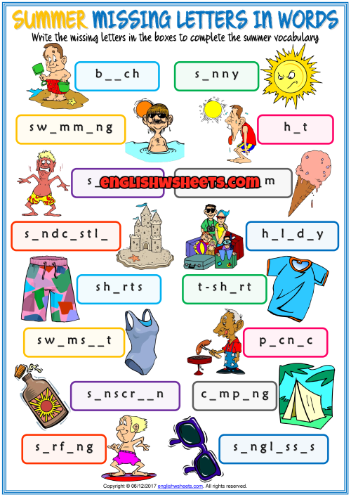 Summer ESL Missing Letters In Words Exercise Worksheet Learning  - Hard Fill In Missing Letter Summer Worksheets