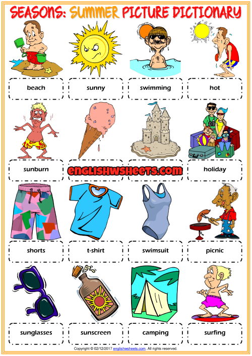 Summer ESL Printable Picture Dictionary Worksheet For Kids - Esl Summer Worksheets