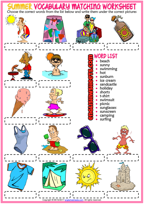 Summer ESL Vocabulary Matching Exercise Worksheet - Summer Vocabulary Matching Worksheet