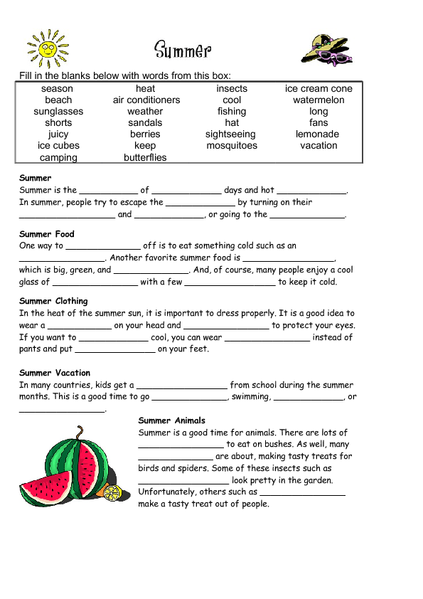 Summer Fill In The Blanks  - Summer Fill In The Blank Worksheets