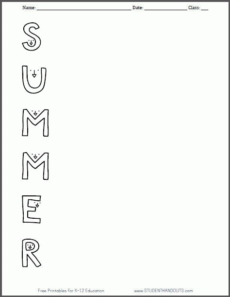 Summer Free Printable Acrostic Worksheet Student Handouts - Summer Acrostic Poem Worksheets 4Th Grade