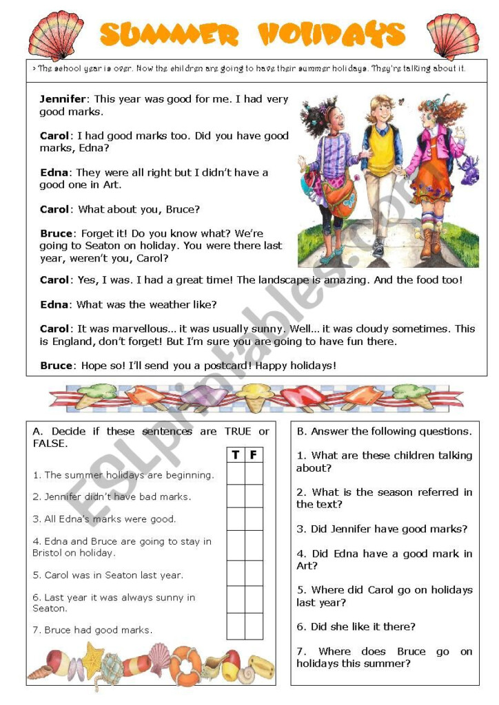 Summer Holidays reading Comprehension ESL Worksheet By Sarasantos - Summer Holiday Reading Comprehension Worksheets