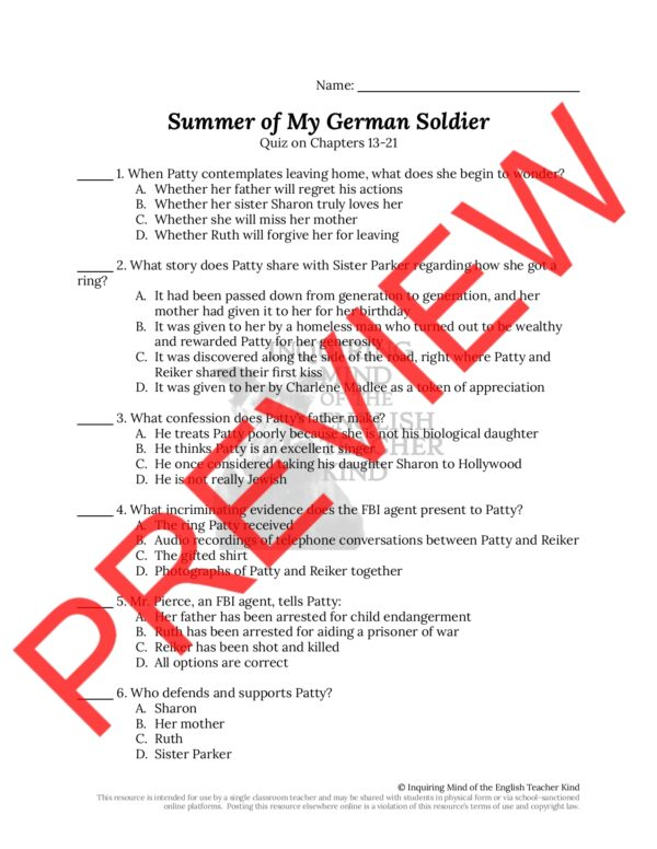 Summer Of My German Soldier Chapters 13 Through 21 Quiz Made By Teachers - Summer Of My German Soldier Worksheets