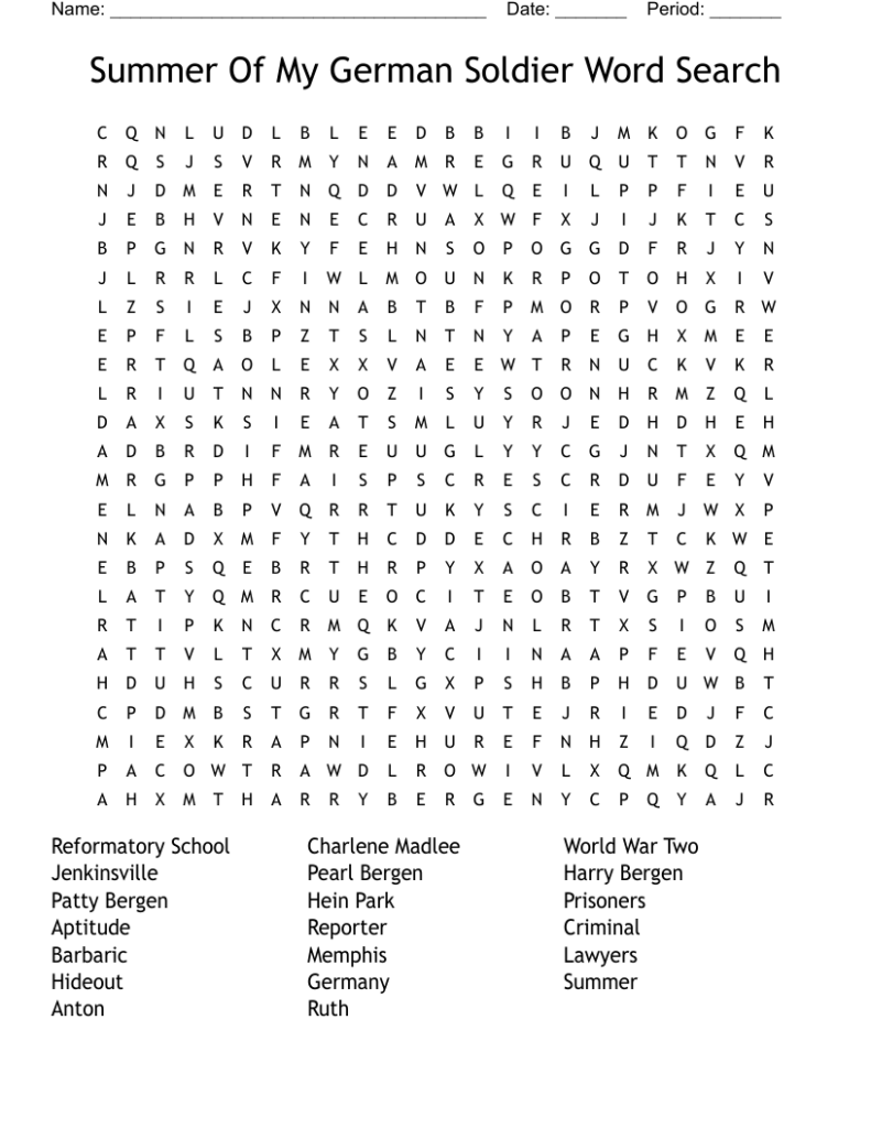 Summer Of My German Soldier Word Search WordMint - Summer Of My German Soldier Worksheets