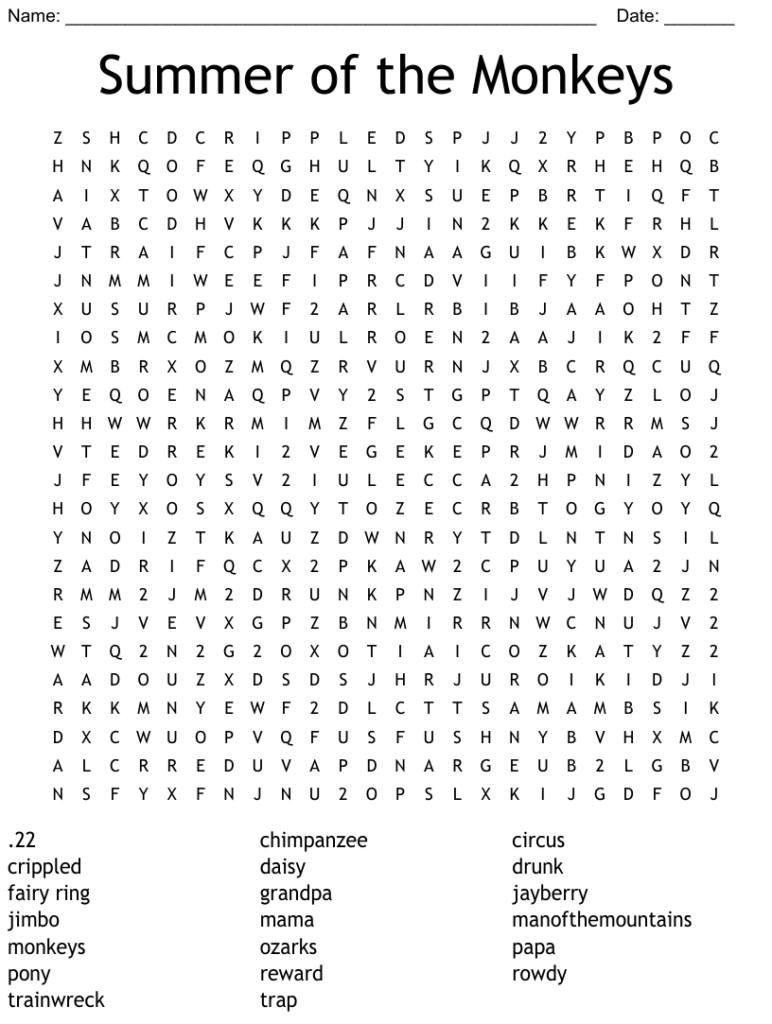 Summer Of The Monkeys Word Search WordMint - Summer Of The Monkeys Free Worksheets