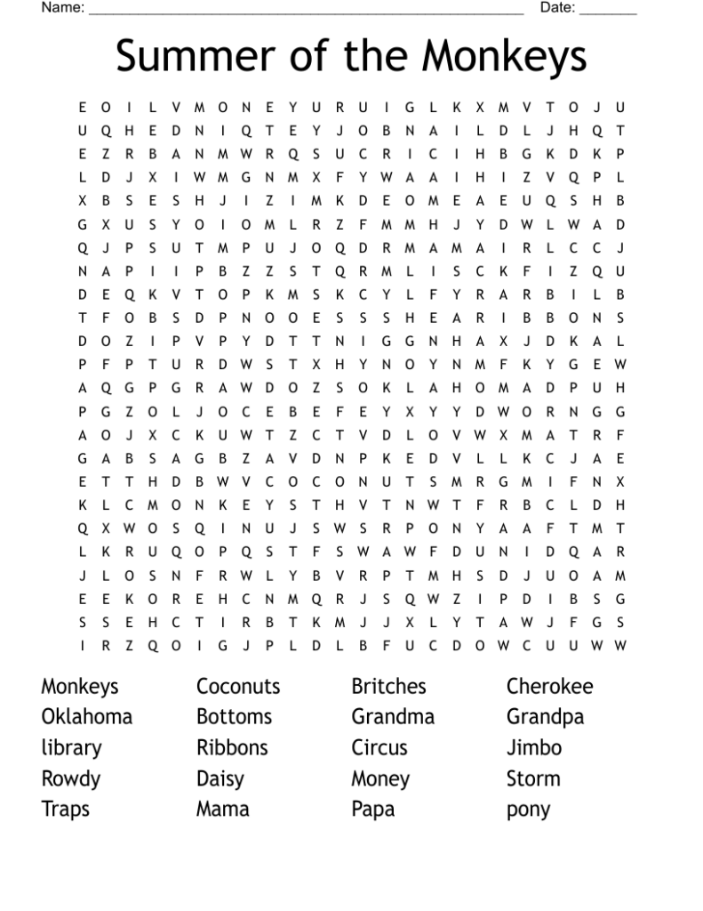 Summer Of The Monkeys Word Search WordMint - Summer Of The Monkeys Free Worksheets