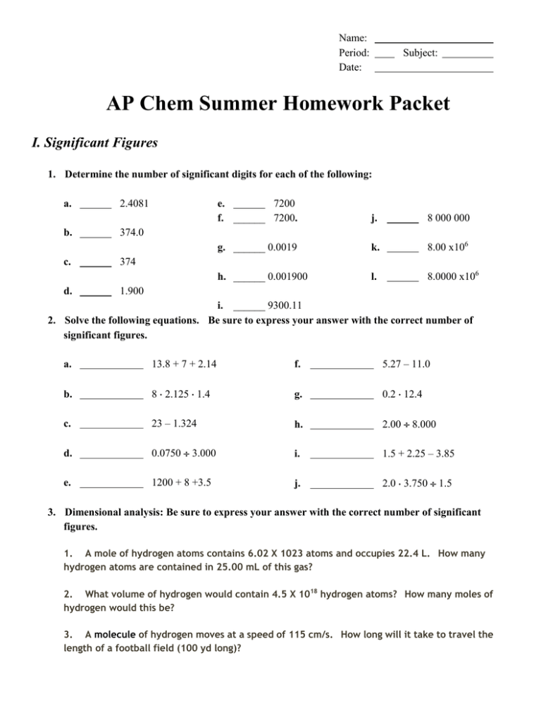 Summer Packet For All AP Chemistry Students - Ap Chem Summer Assignment Worksheet #3 Answers