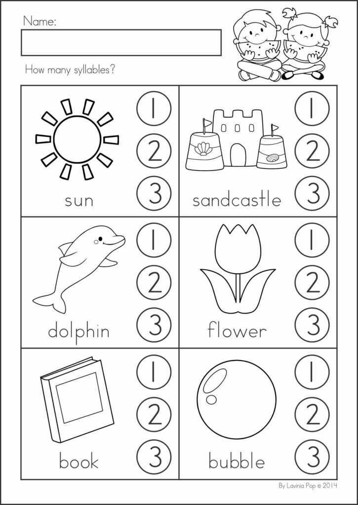 Summer Review Kindergarten Math Literacy Worksheets Activities  - Summer Syllable Worksheet