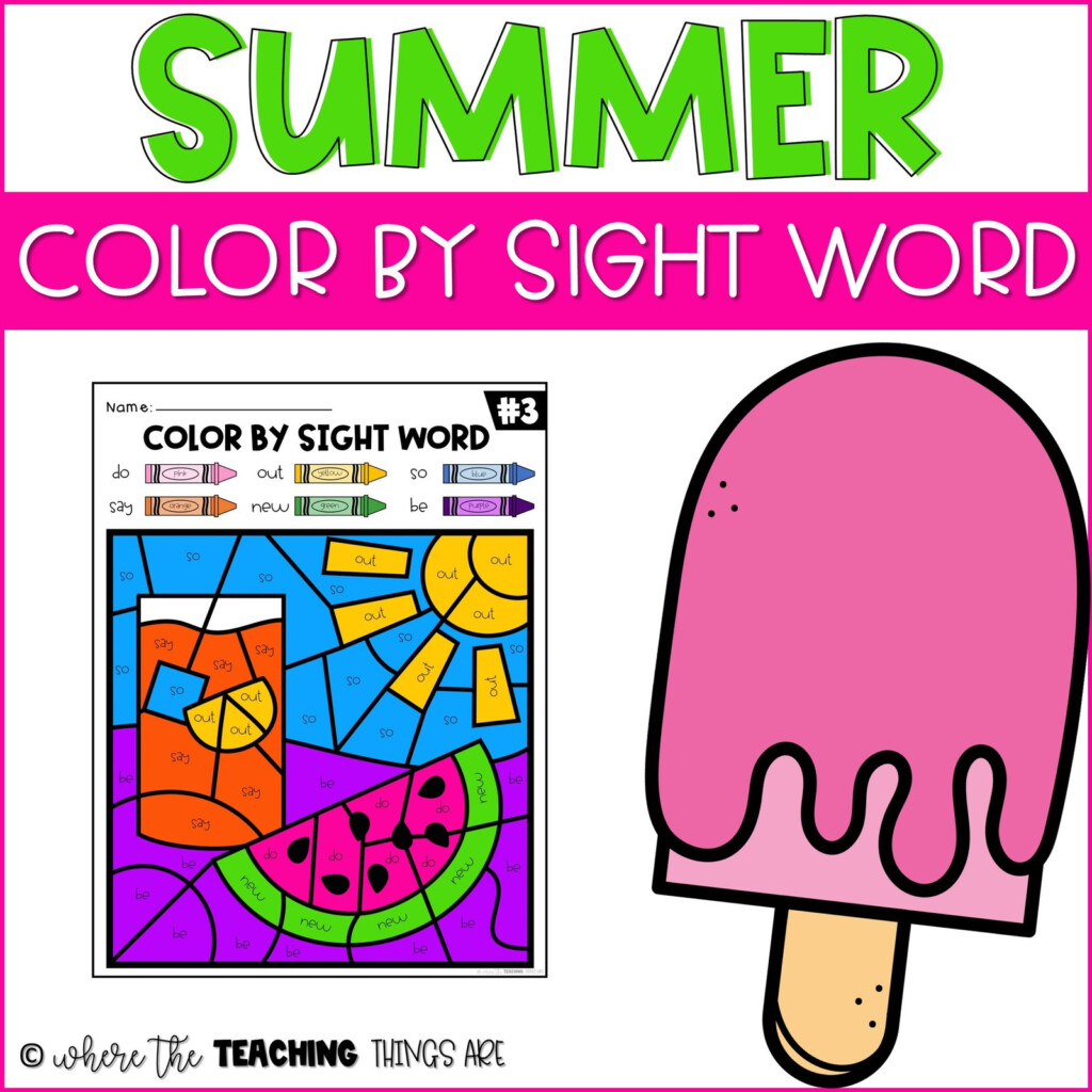 Summer Review Worksheets Color By Sight Word Where The Teaching  - Summer Sight Word Worksheets