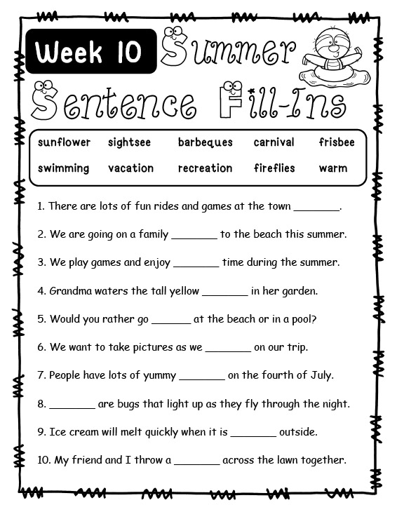 Summer Sentence Fill In The Blank Activity Pack Made By Teachers - Summer Fill In The Blank Worksheets