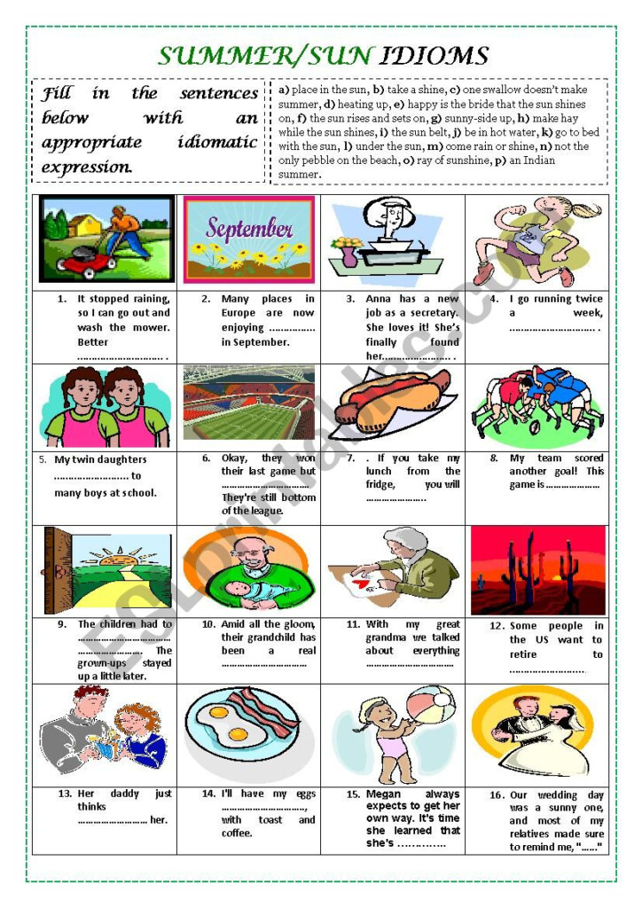 SUMMER SUN IDIOMS with Key ESL Worksheet By Alexcure - Summer Idioms Worksheet