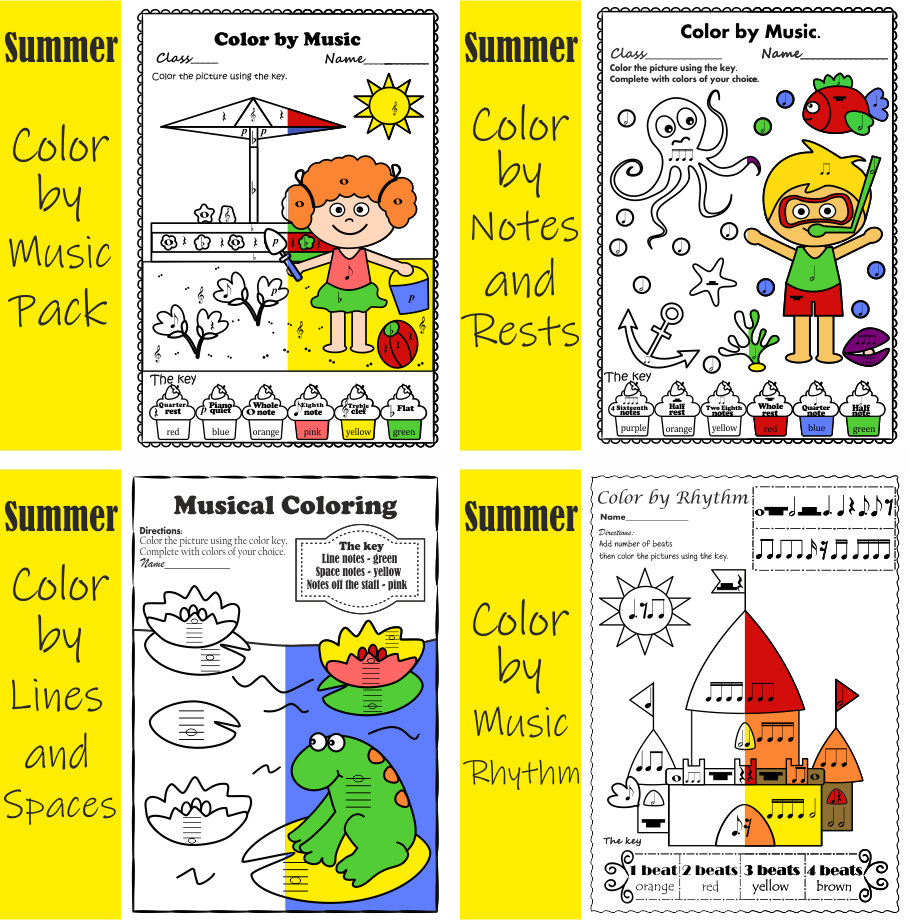 Summer Themed Music Color By Note Worksheets Bundle - Summer Color By Music Note Worksheets