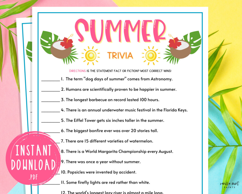 Summer Trivia Game Printable Summertime Games Party Games Etsy UK - Printable Summer Trivia Worksheets