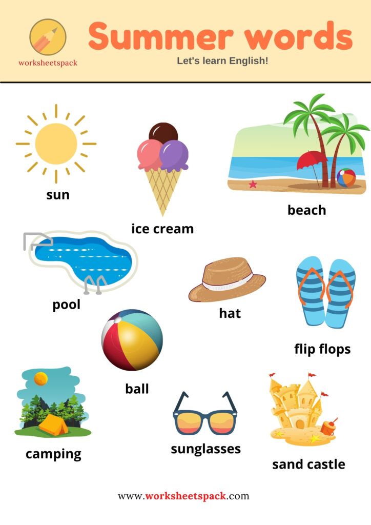 SUMMER VOCABULARY WORDS WITH PICTURES Worksheetspack - Summer Words Worksheets For Kindergarten