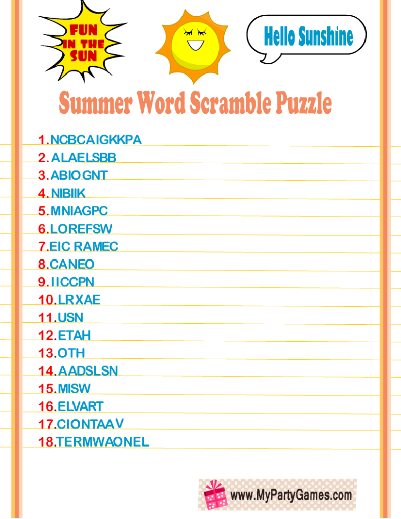 Summer Word Scramble Printable - Summer Scramble Worksheet