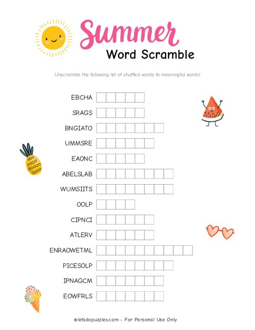 Summer Word Scramble Printable Puzzles - 3Rd Grade Summer Word Scramble Worksheets