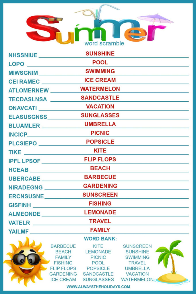 Summer Word Scramble With Answers Free Printable For Kids - Solve The Summer Playlist Worksheet Answers