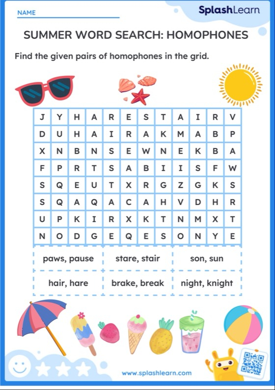 Summer Word Search Homophones Printable ELA Worksheet - Homophones Worksheets About Summer