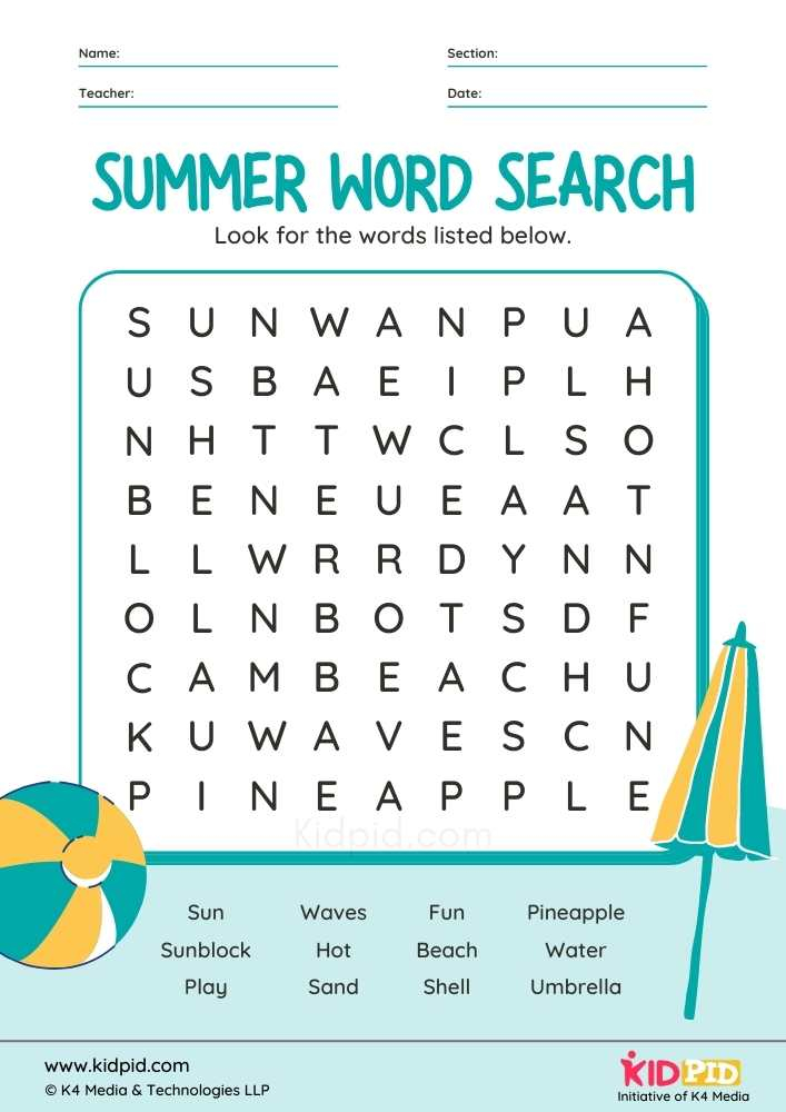 Summer Word Search Printable Worksheet For Kids Kidpid - Summer Word Search Printable Worksheets