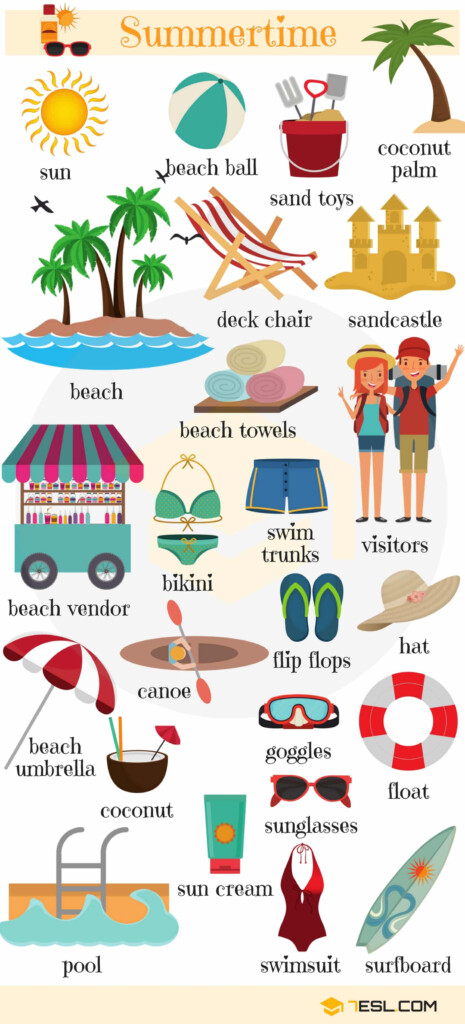 Summer Words Summer Vocabulary Words With Pictures 7ESL - All Summer In A Day Vocabulary Worksheet