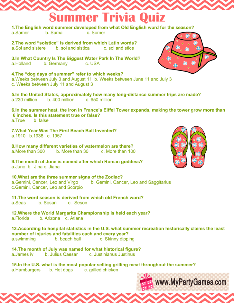 Summertime Trivia Questions And Answers Printable - Printable Summer Trivia Worksheets