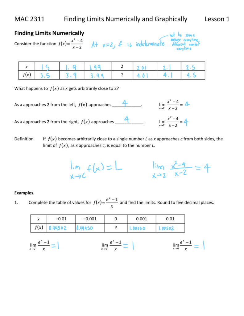 Unit 1 Limits Continuity MAC 2311 Finding Limits Numerically And  - Mac 2311 Worksheet 1 Summer 2024 Solutions