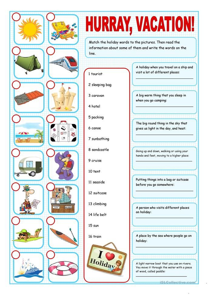 Vacation Matching Exercise Kids English Vacation Activities  - Post Summer Vacation Worksheets